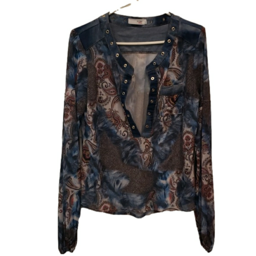 So Nice Sheer Blouse Denim collar Long Sleeve Women's XL